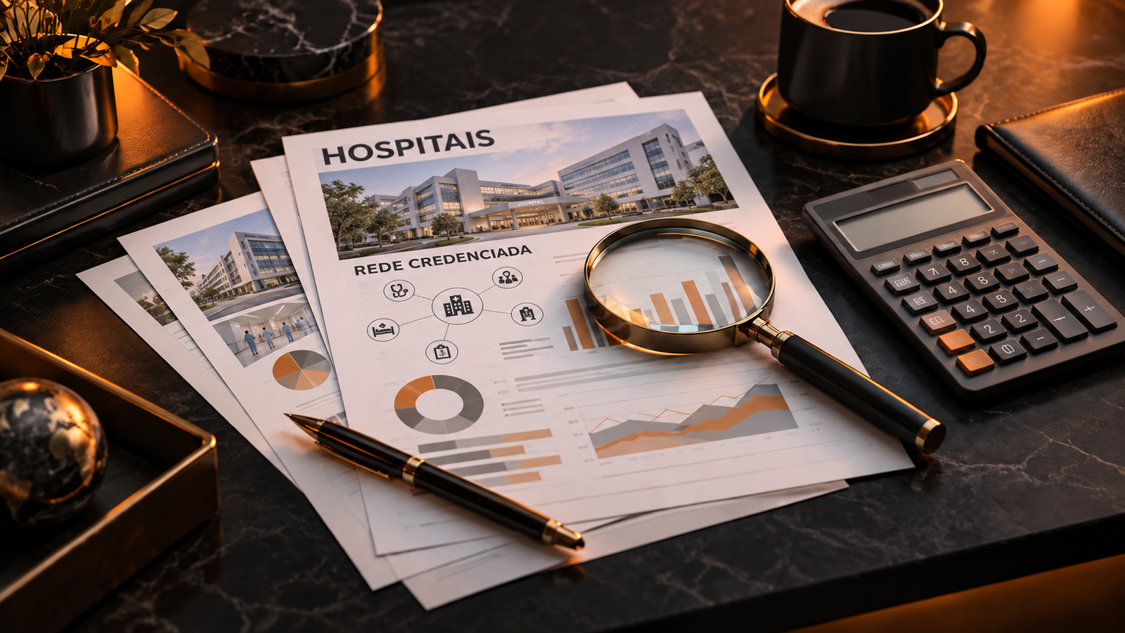 Estudo de plano de saúde com hospitais e rede credenciada nas páginas, calculadora e lupa