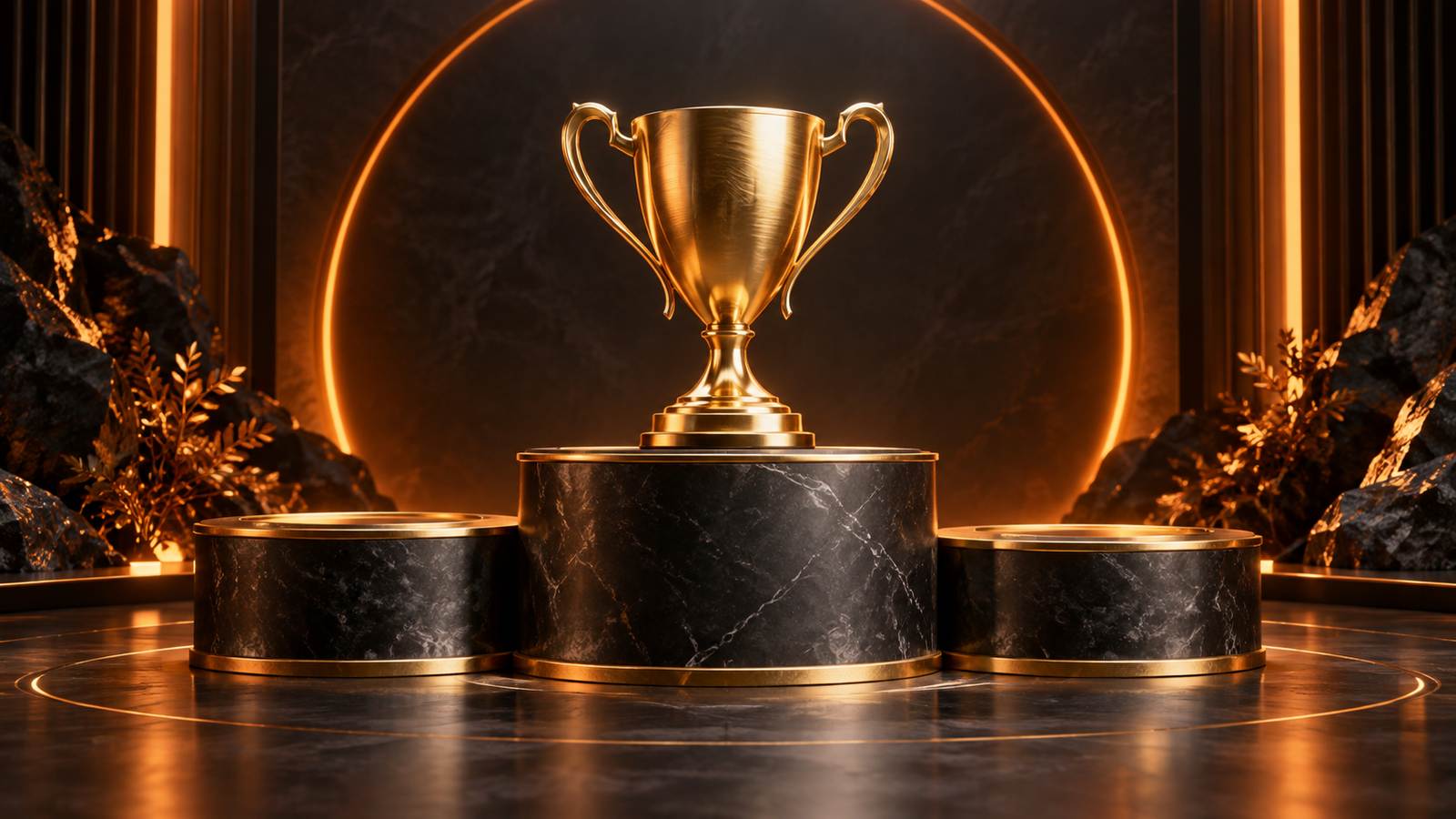 Troféu dourado sobre pódio de campeões